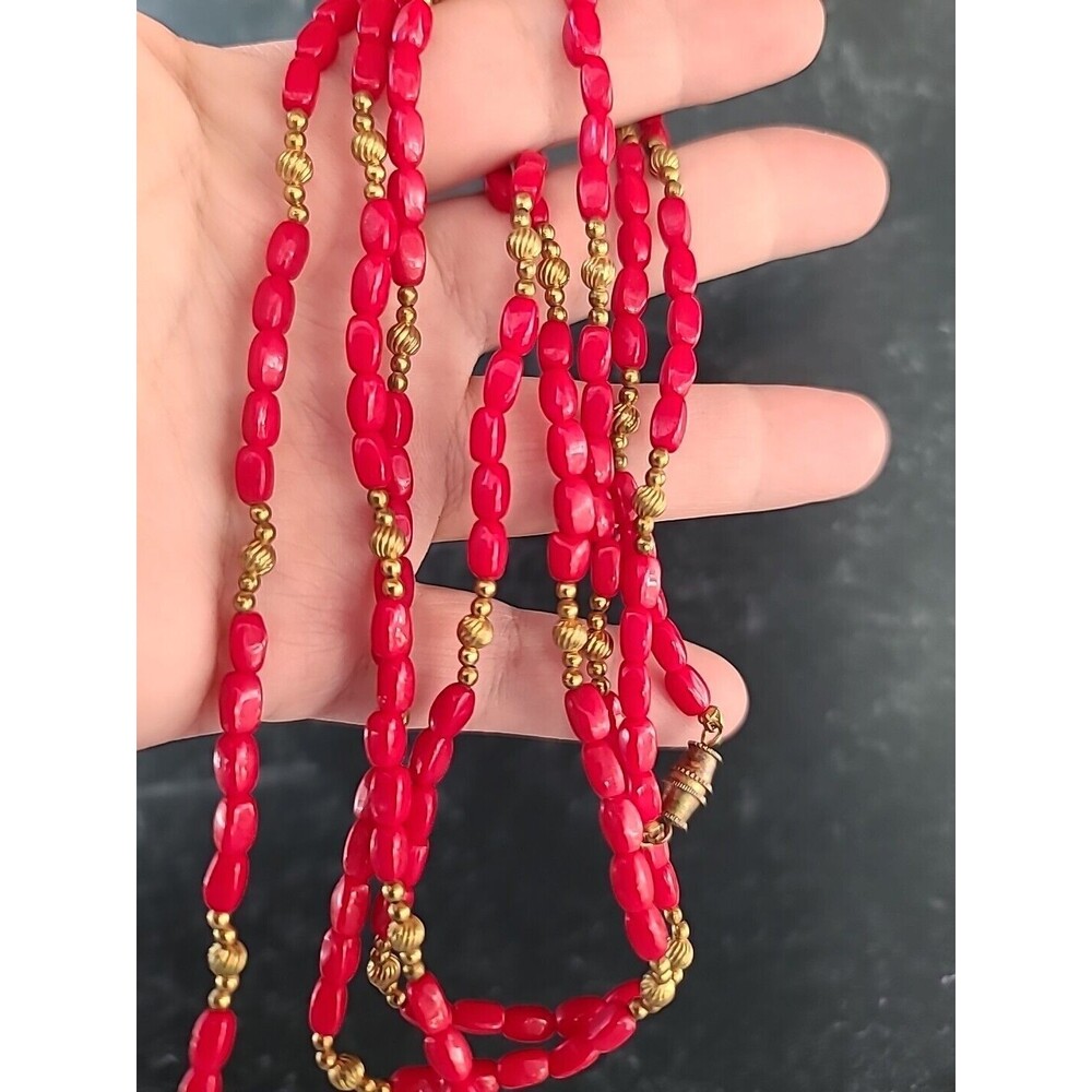 Red Glass And Gold Tone Metal Beaded Necklace, Vintage